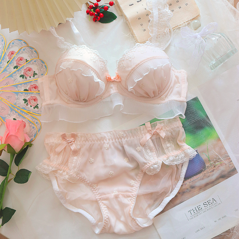 Rosa Unterwäsche BH und Höschen Set sexy Dessous süße kleine Brust Lolita Push-up Spitze Dreieck Tasse dünne Tasse Mädchen Höschen Bra lette – Detail 6