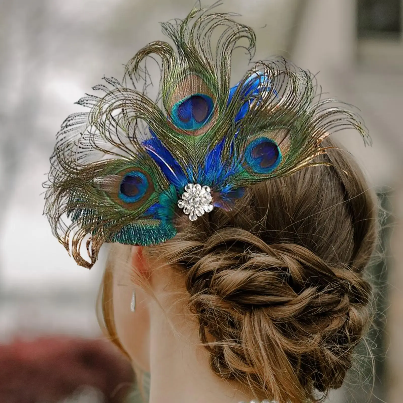 Women Peacock Feather Hair Clip Fascinator 1920S Vintage Elegant with Rhinestones Hairpin Headpiece for Wedding Accessories