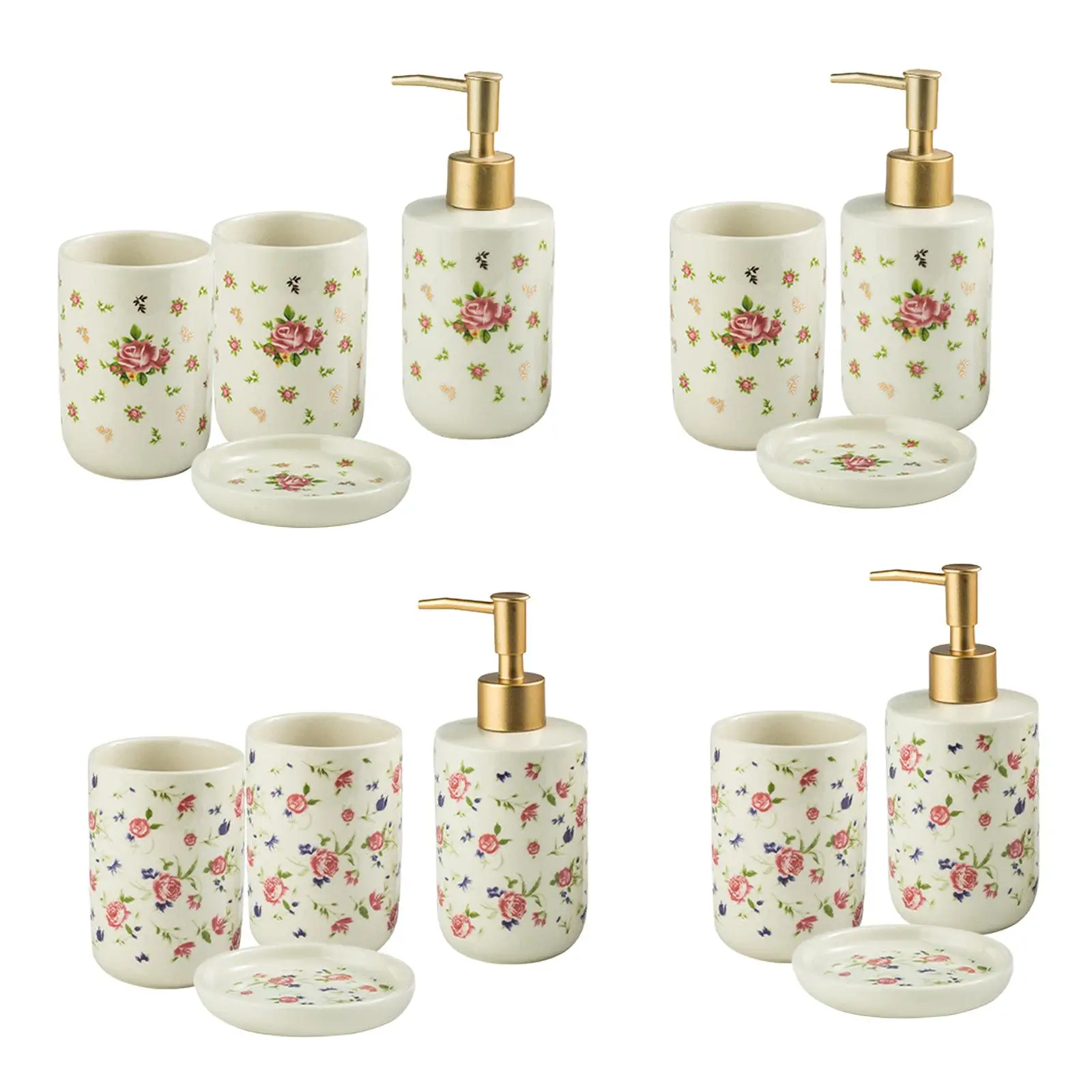 Ceramic Bathroom Accessory Set, Flower Pattern Luxury Toothbrush Holder, Soap Lotion Dispenser,