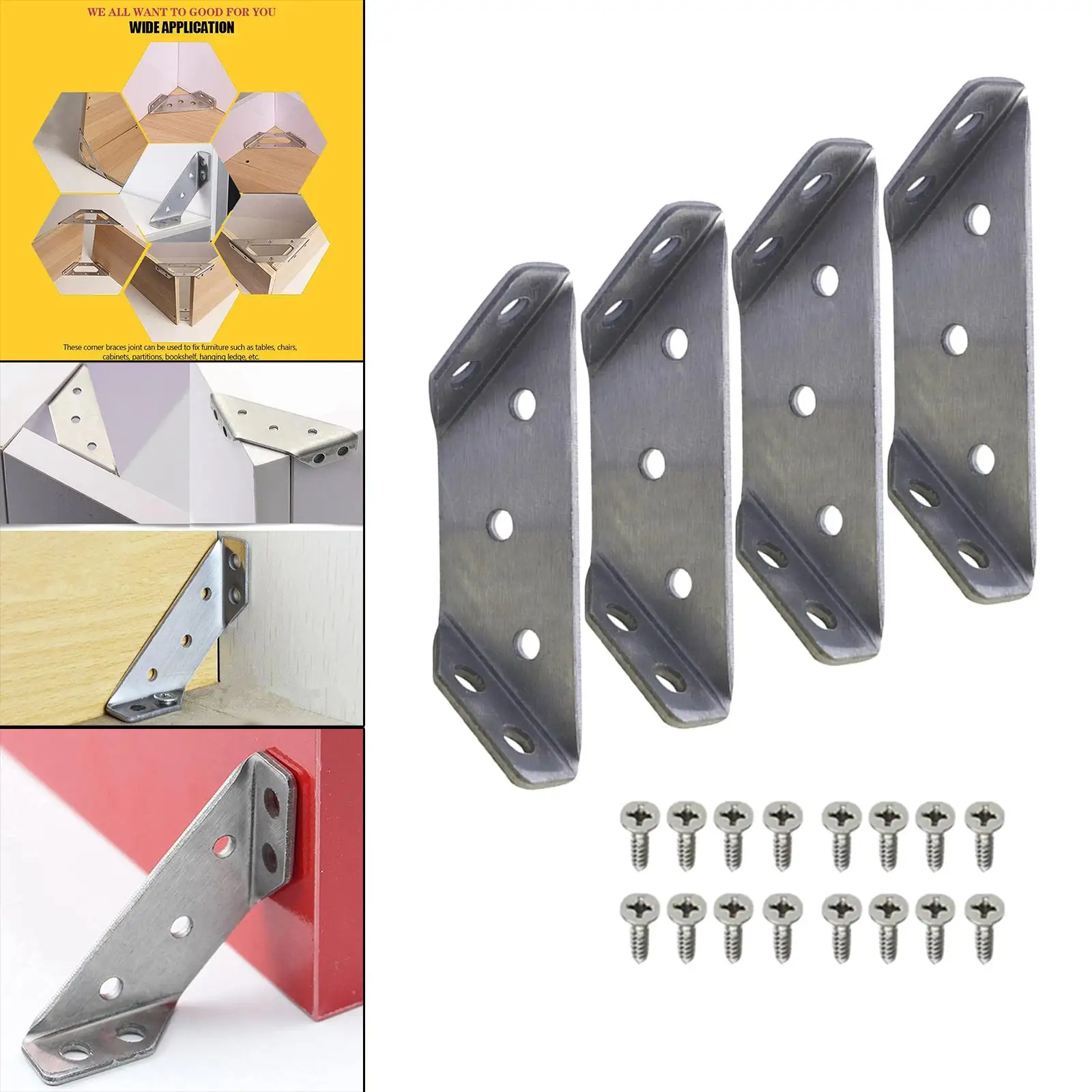 4 Pieces Angle Corner Brackets Triangular Support Furniture Corner Connector Joint Bracket for Shelves Door
