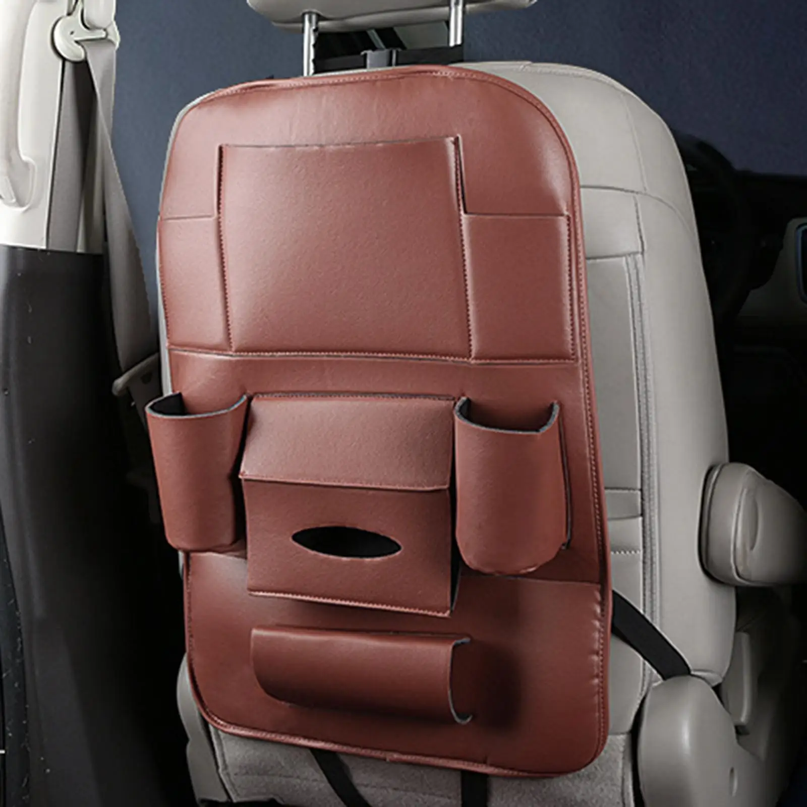 Car Seat Back Organizer PU Leather Backseat Protector Multiple Storage Compartments Pocket Tissue Box Washable Adjustable Straps