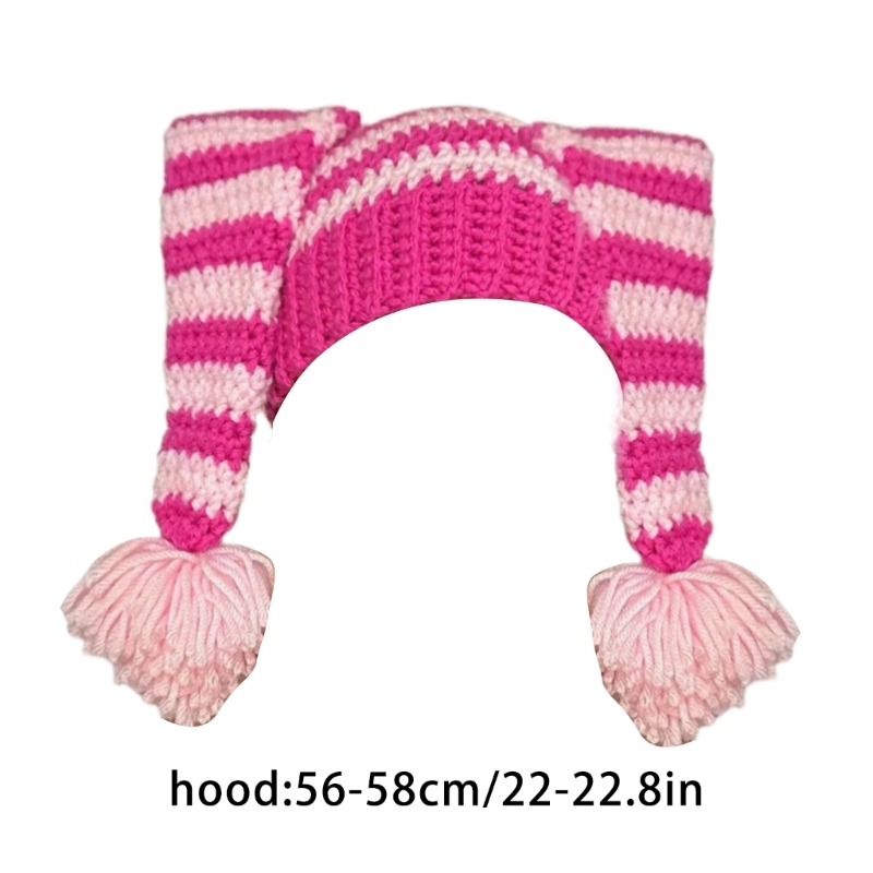 Clown-Hut, handgefertigte Kopfbedeckung für draußen, gestrickt, gestreift, Garn, große Strickohren, Wintermütze, Rot – Detail 6