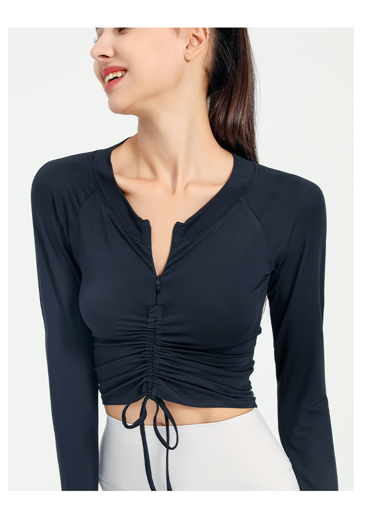 Langarm Shirt Halb Zip Vorne Kordelzug Yoga Tops Frau Sport Active Lauf Oben für Fitness Weibliche Bluse Gym Frauen – Detail 23