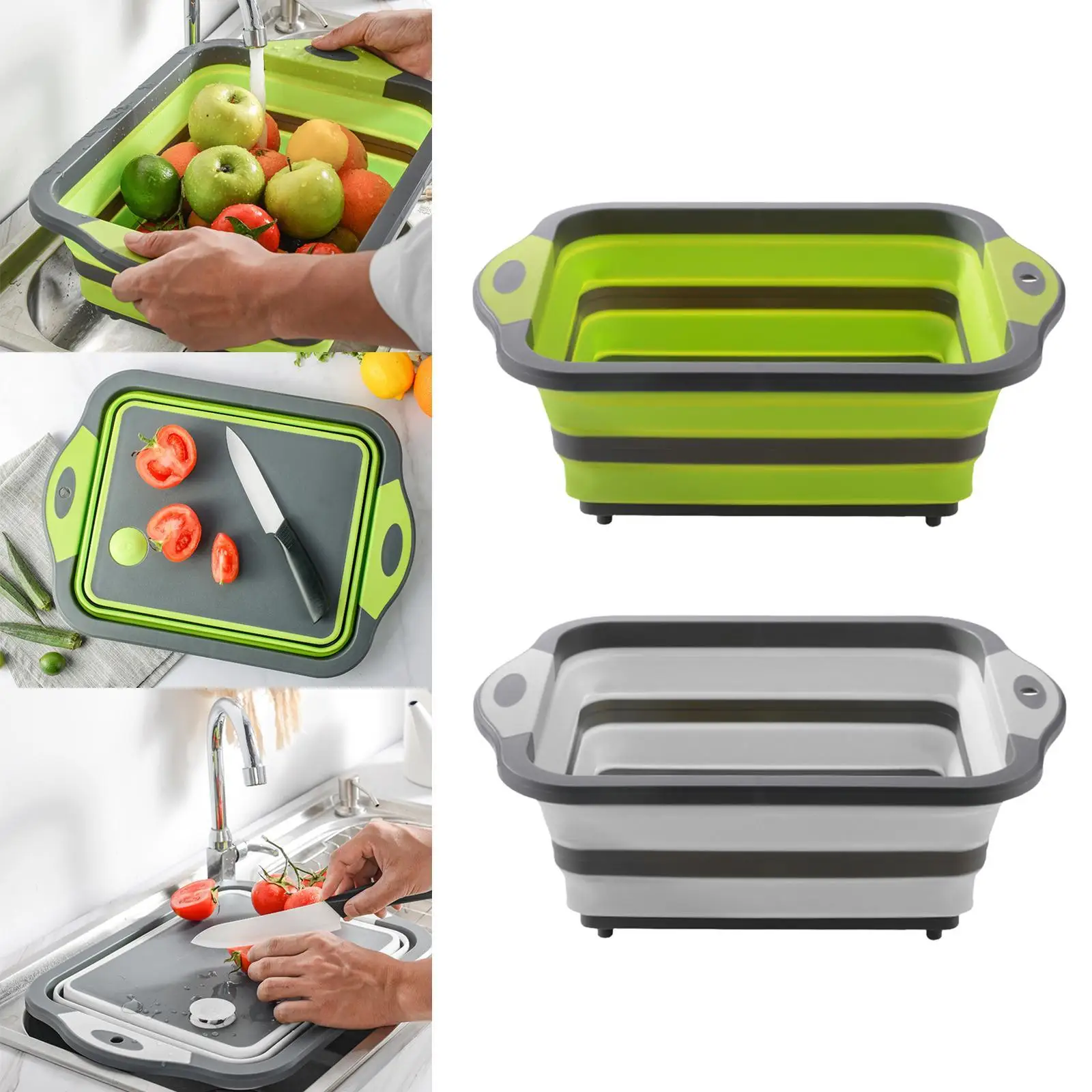 Collapsible Cutting Board with Colander Dish Tub Basket for Indoor Outdoor