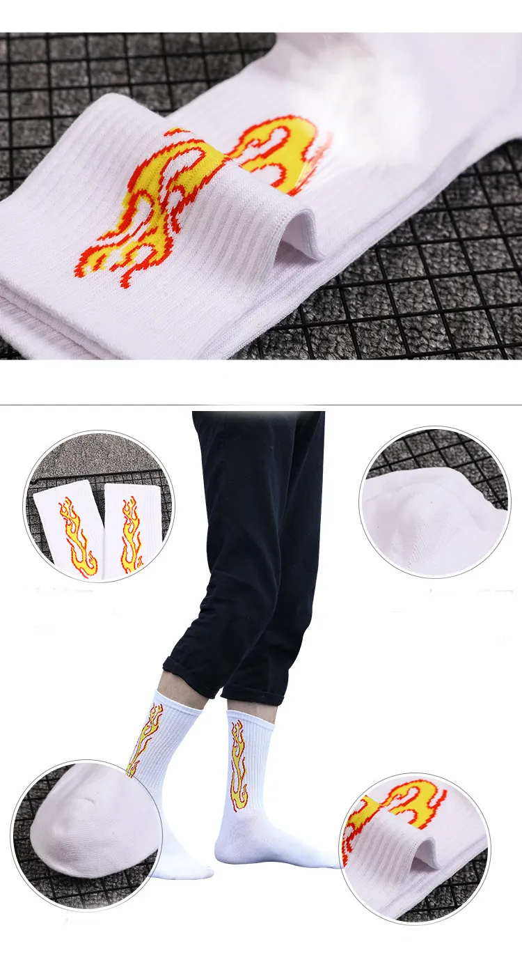 1 Paar neue Trend der Herrensocken Schwarz Weiß Burning Flame Hip-Hop Blaze Power Torch Hot Streetwear Skateboard – Detail 5