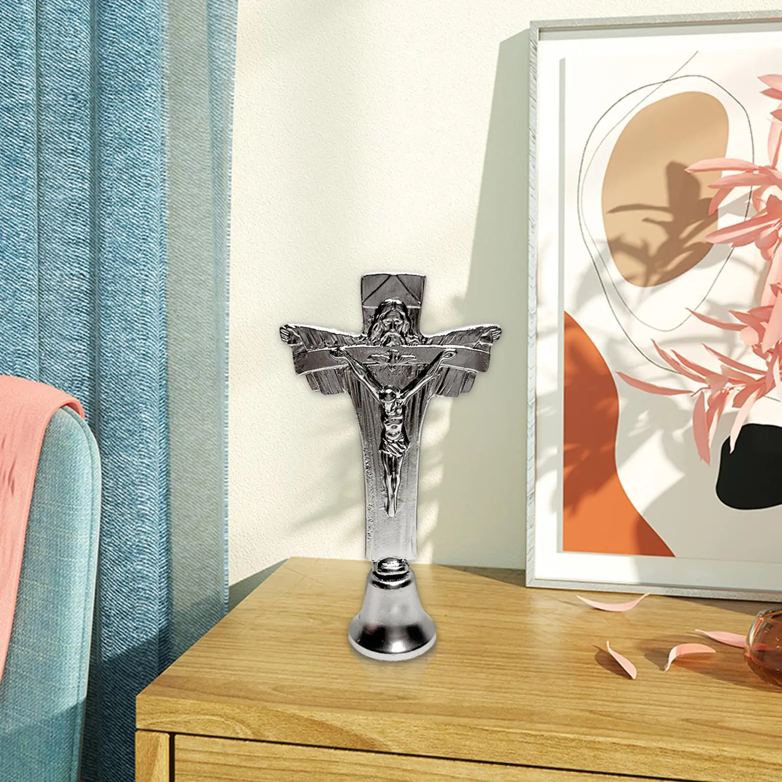 Cross Statue with Bell Base Desk Artwork Cross Ornament for Cafe Dorm
