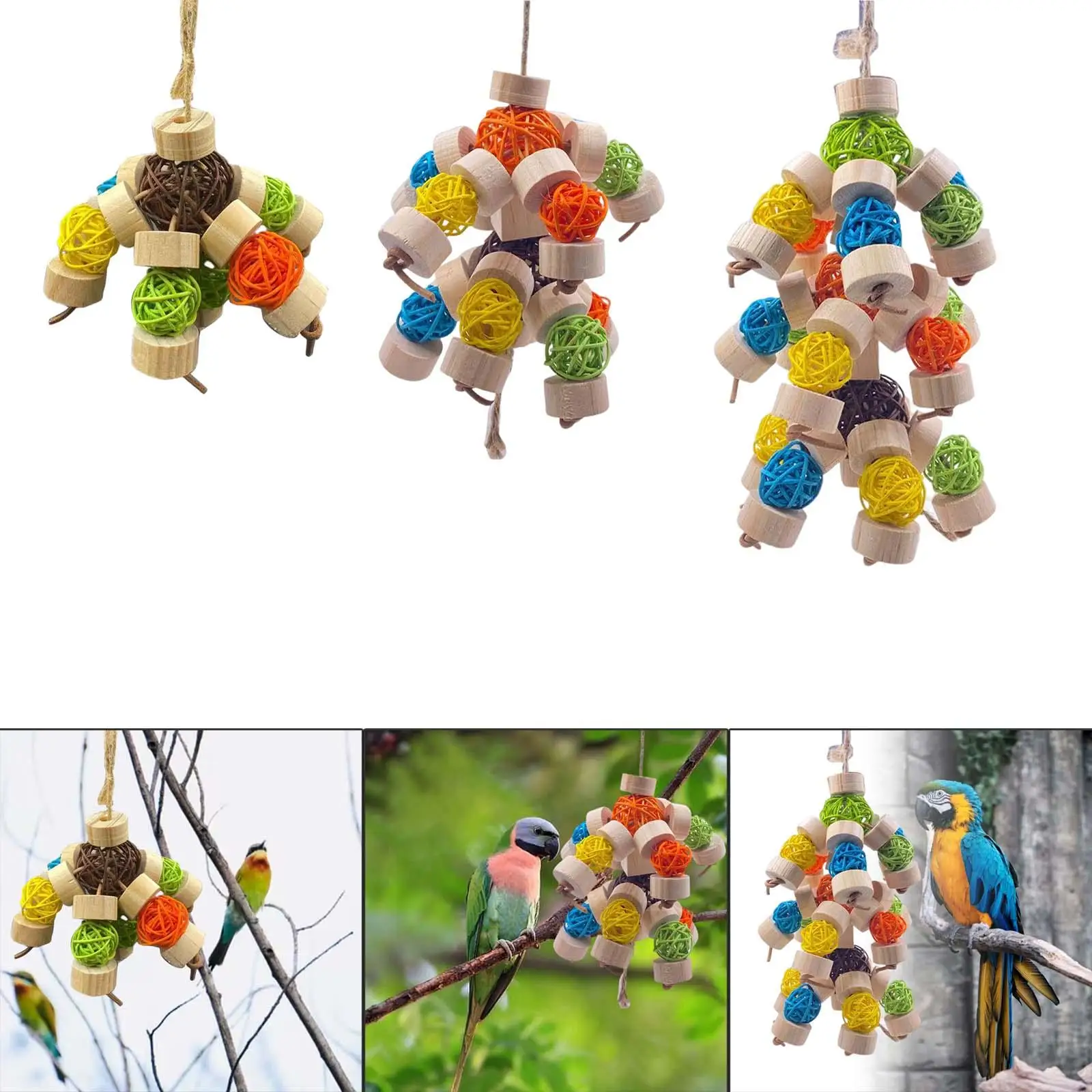 Multicolored Rattan Balls Bird Block Knots Tearing Toy Wood Hanging Natural Parrot Chewing Toy for Canary Gift Entertainment