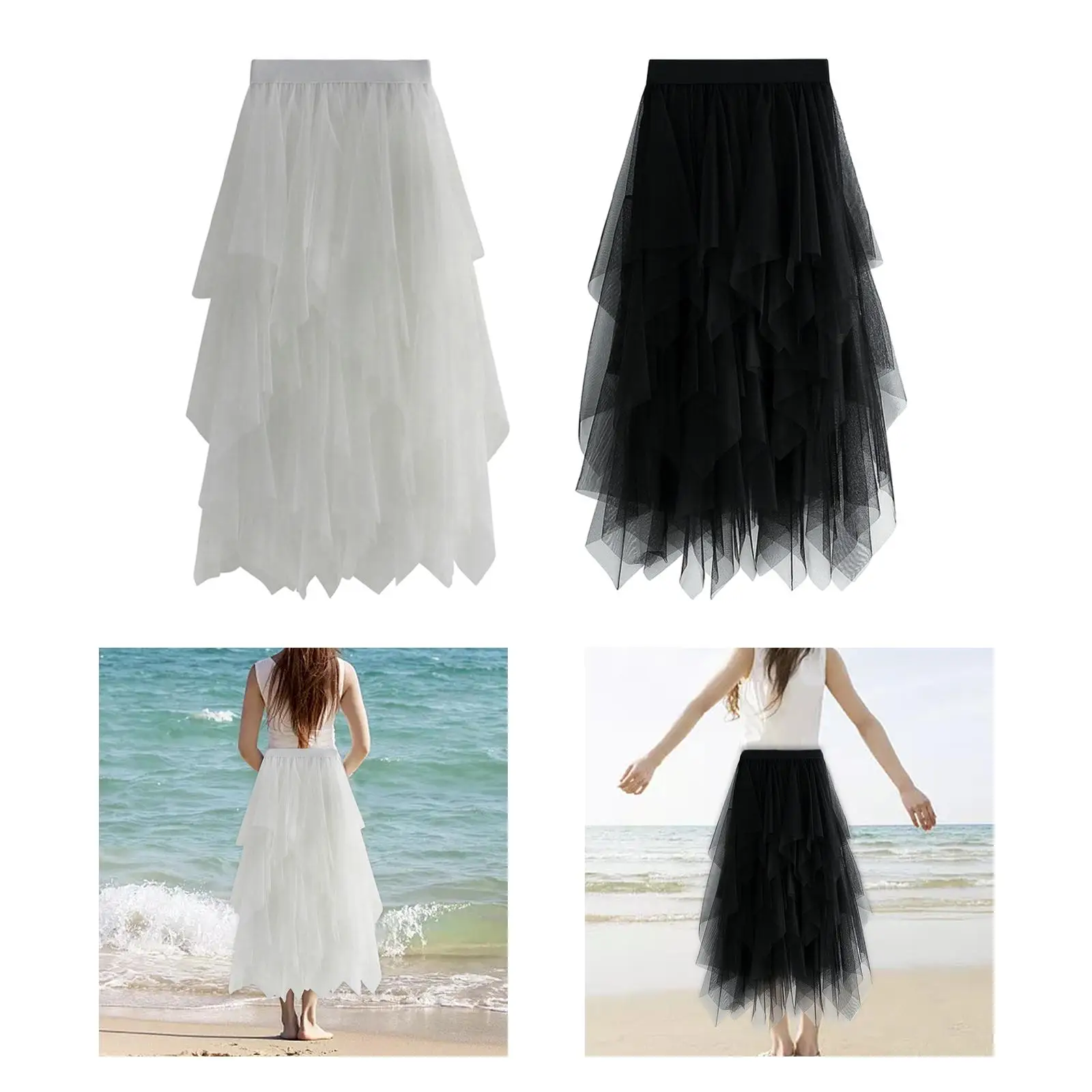 Women`s Tulle Skirt Tiered High Low Asymmetrical Midi Skirt Elastic Waist Half Skirt for Evening Party Wedding Formal Photo Prop