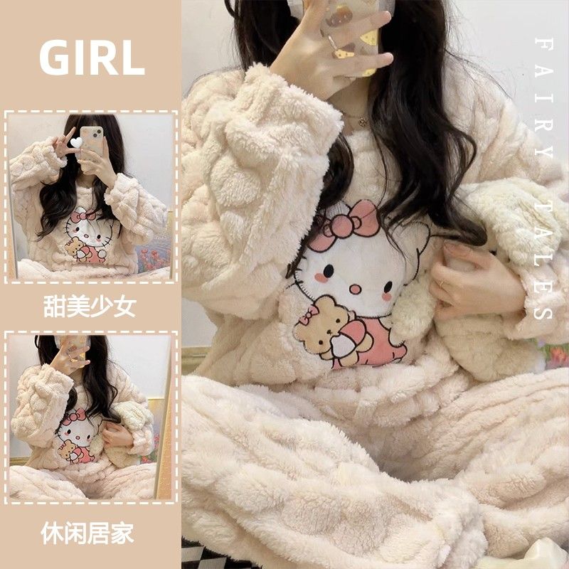 Sanrio Anime Hello Kitty Pajama Pants Cute Loungewear Women's Sleepwear  Thickening Plush My Melody Set Kawaii Thermal Nightwear