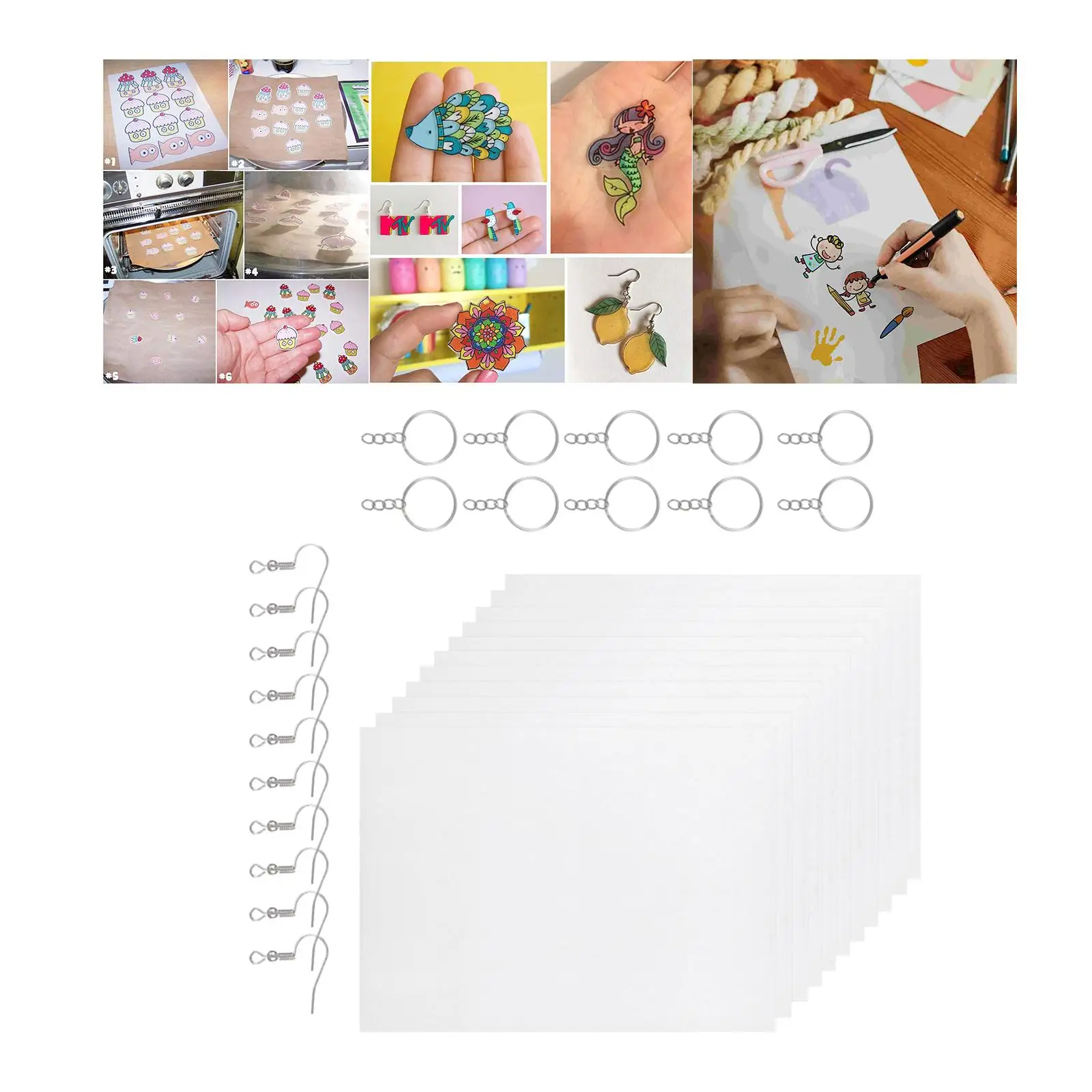 20Pcs Heat Shrink  Sheets 10 Ear Hooks 10 Keychains Kids Beginners  Art Paper for Card Making DIY Ornaments