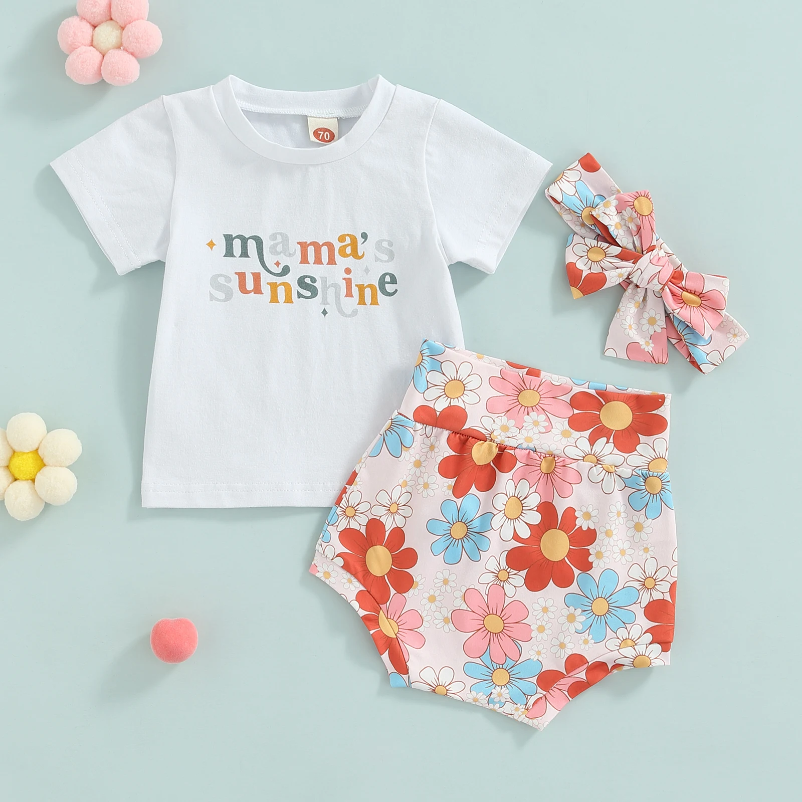 baby dress and set 2022 0-24M Infant Girl Summer Clothing Mama Sunshine Letter Print Round Neck Short Sleeve Top+Floral High Waist Shorts Cute 3pcs baby outfit matching set
