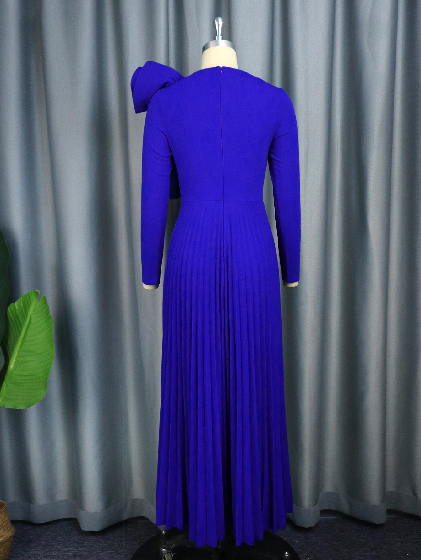 Blaue Falten kleider o Hals Langarm hohe Taille eine Linie knöchel langen Geburtstag Hochzeit Gast Abend Party Kleider für Frauen 2024 – Detail 6