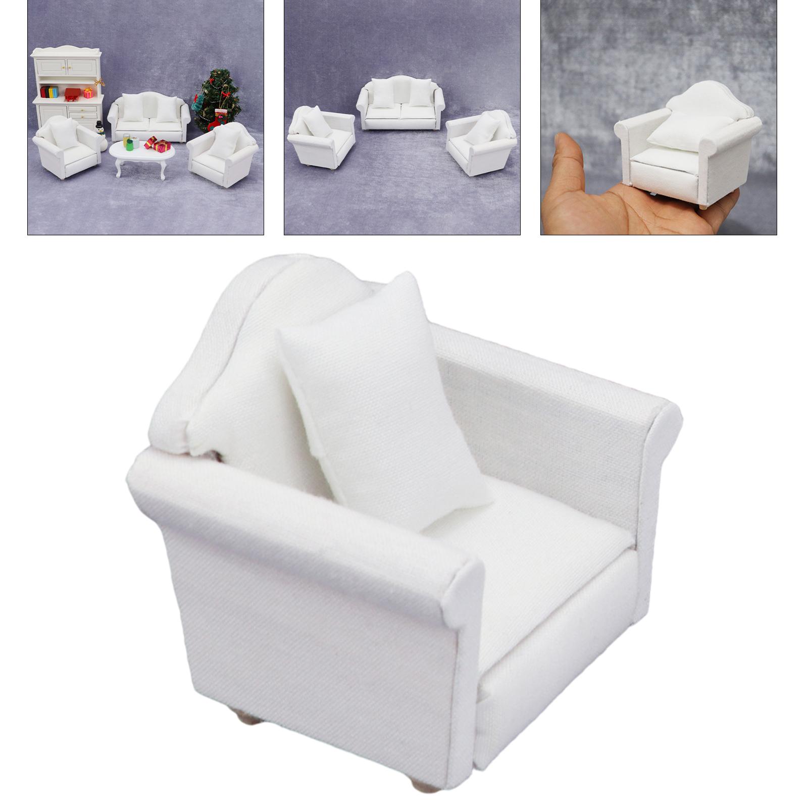 Miniature Wood Upholstered Sofa & Cushion White for 1:12 Doll House Toys DIY