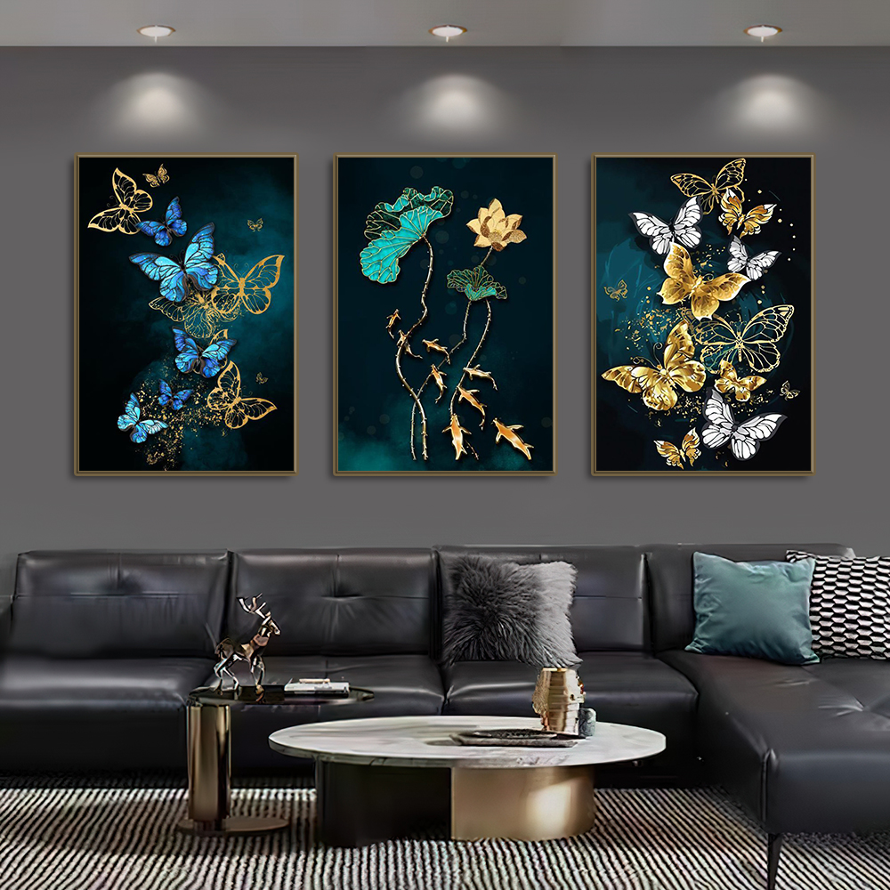 Gold Blue Butterfly Canvas Paintings Black Wall Art Prints Luxury Living Room Decorative Posters For Living Room Wall Decor Art