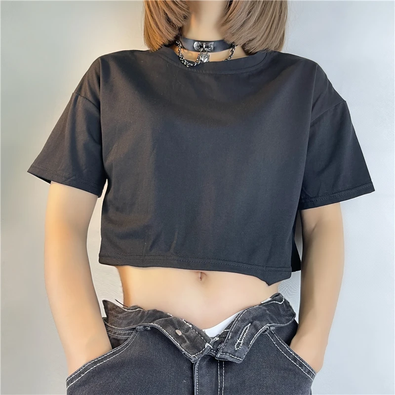 Harajuku Butterfly Wings Black T-shirt Sexy Hollow Out Short Sleeve Crop Top E-girl Dark Academia Grunge Pullovers Tees Women