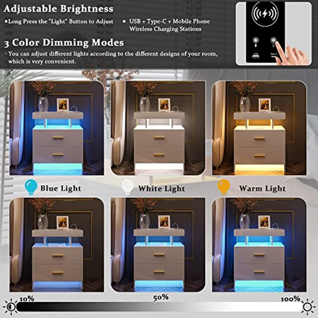 HNEBC Auto LED Nightstand with Charging Station, Smart Night Stand with  Wirelss/USB/Type-C, Bedside Table with Body Sensing Lights (Grey)