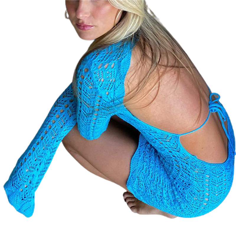 Crochet Dress Women Long Sleeve Cover Up Beach Backless Wrapped Dress Club Party Clothes y2k Bohemian Knitted Dress
