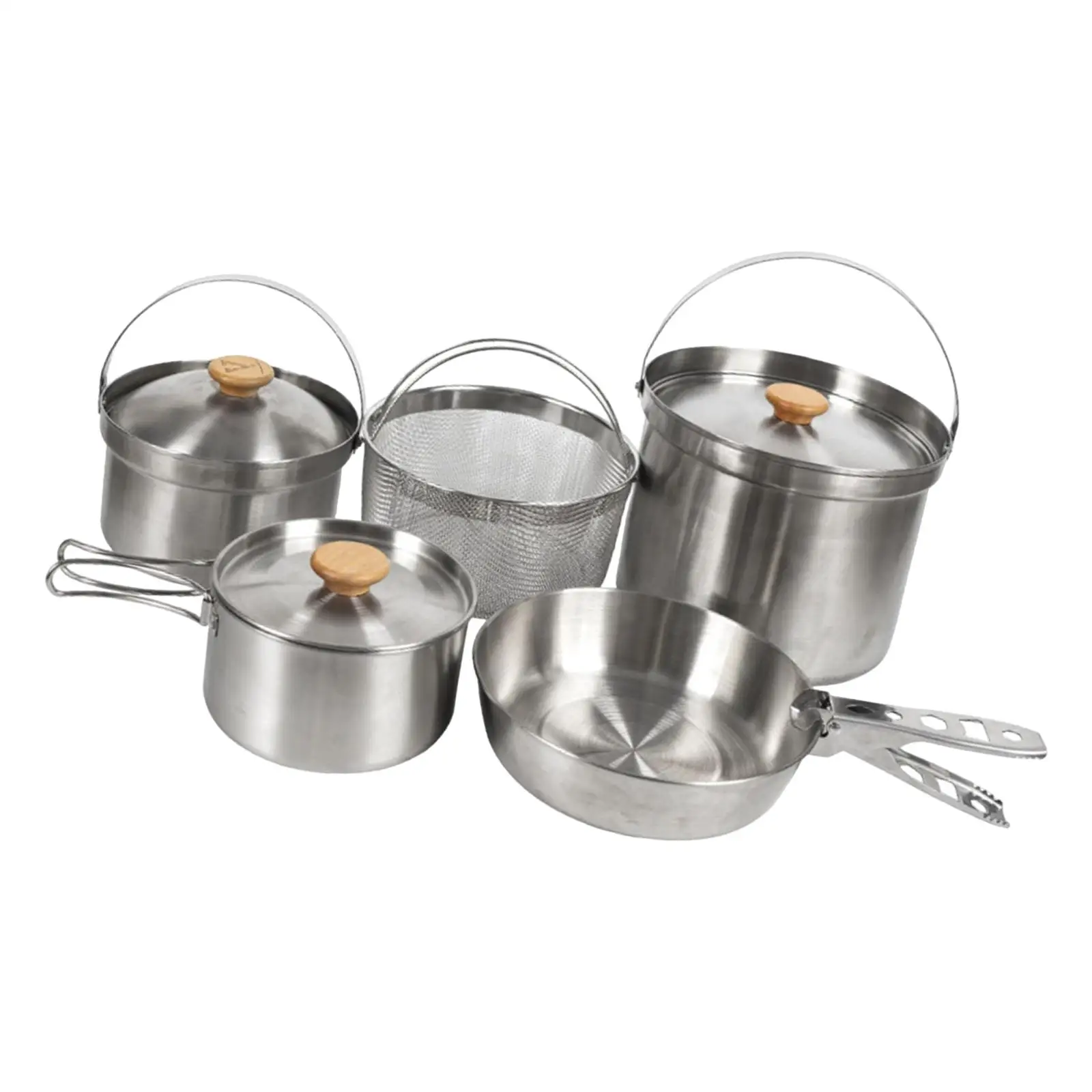 5x Stainless Steel Cooking Pot Set Camping Pan Picnic Tableware BBQ