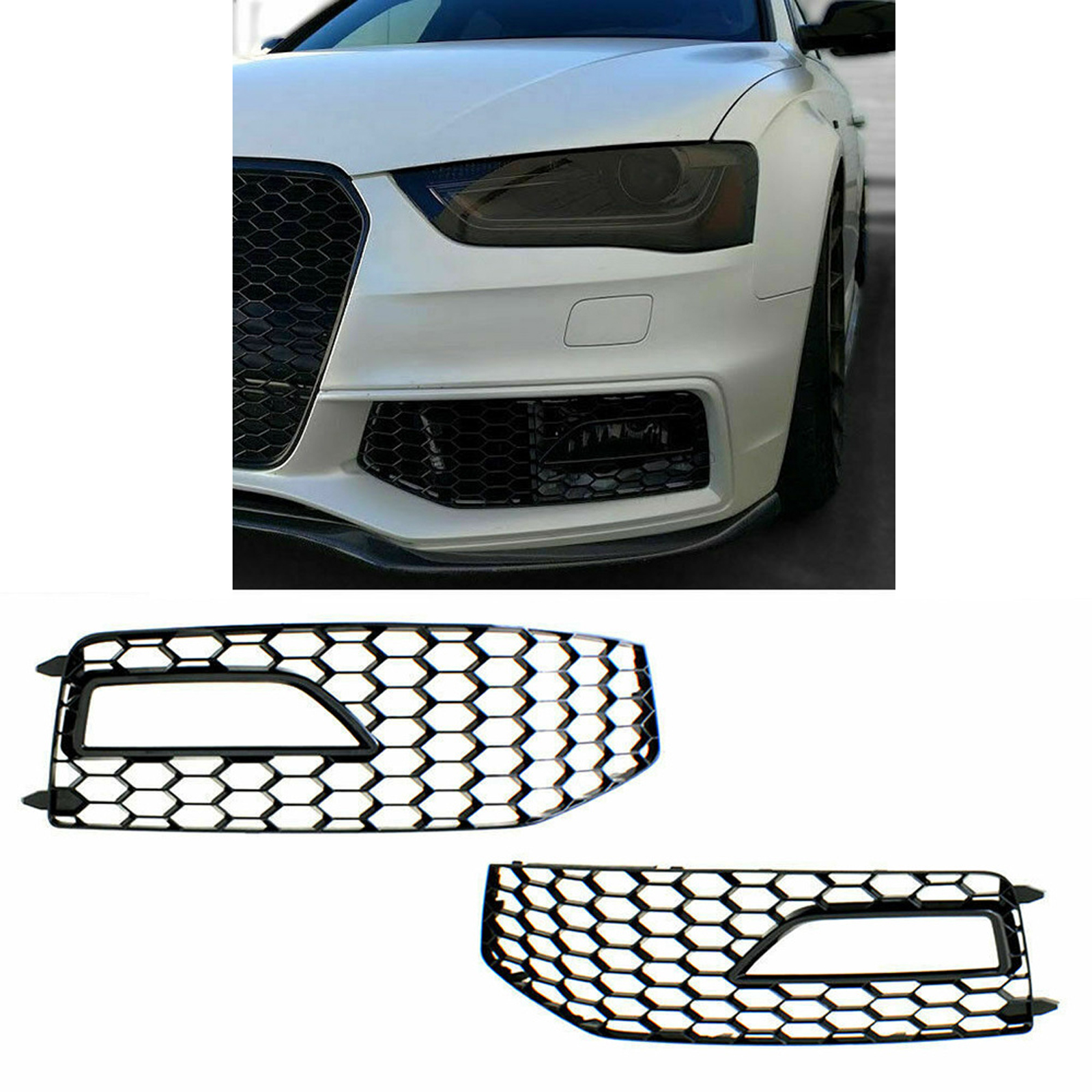 2 Pcs Fog Light Grilles Fog Lamp Frame For RS4 Style S-Line 13-16 Front Bumper Gloss Black