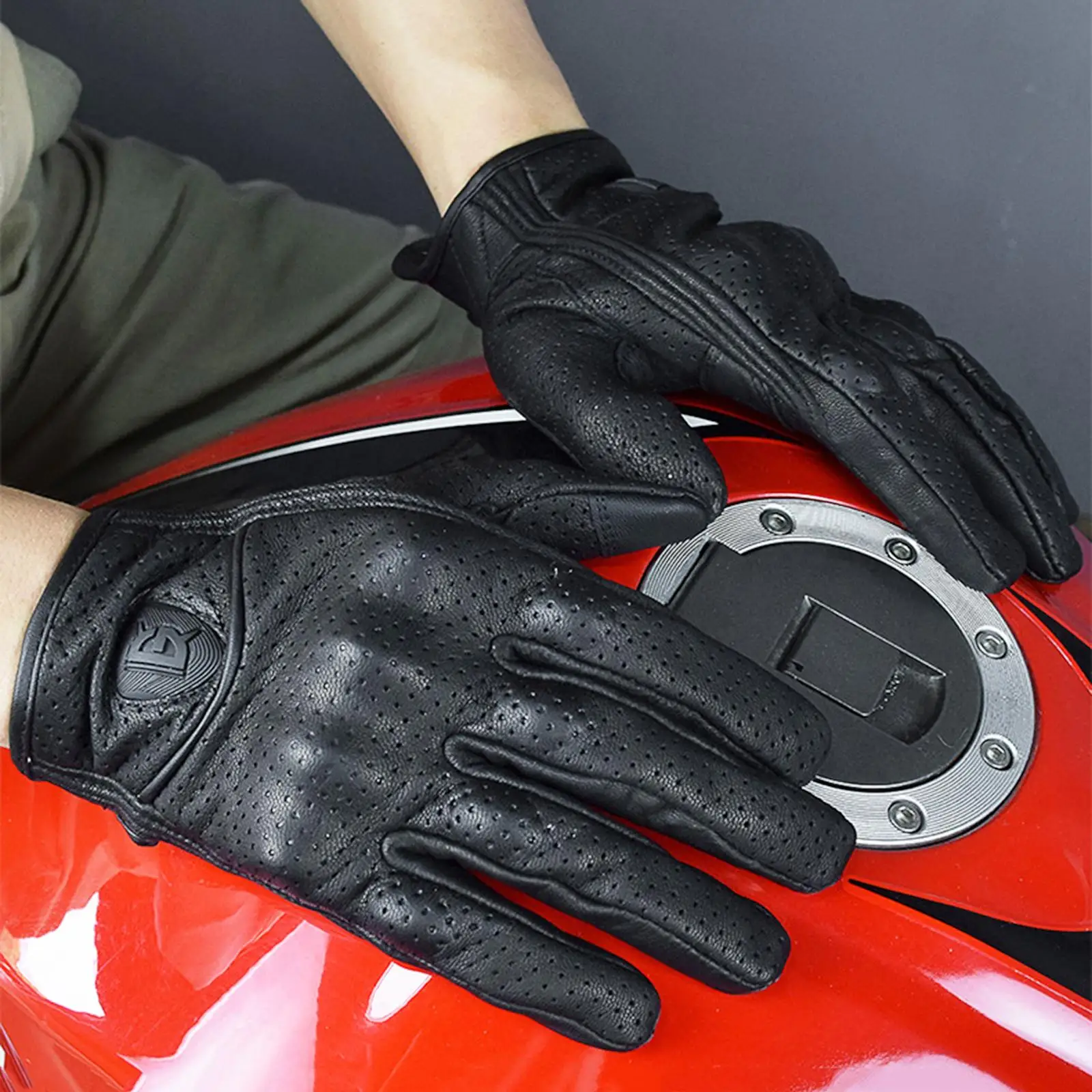 Goatskin Leather Touchscreen Motorcycle Riding Perforated Gloves Men Women