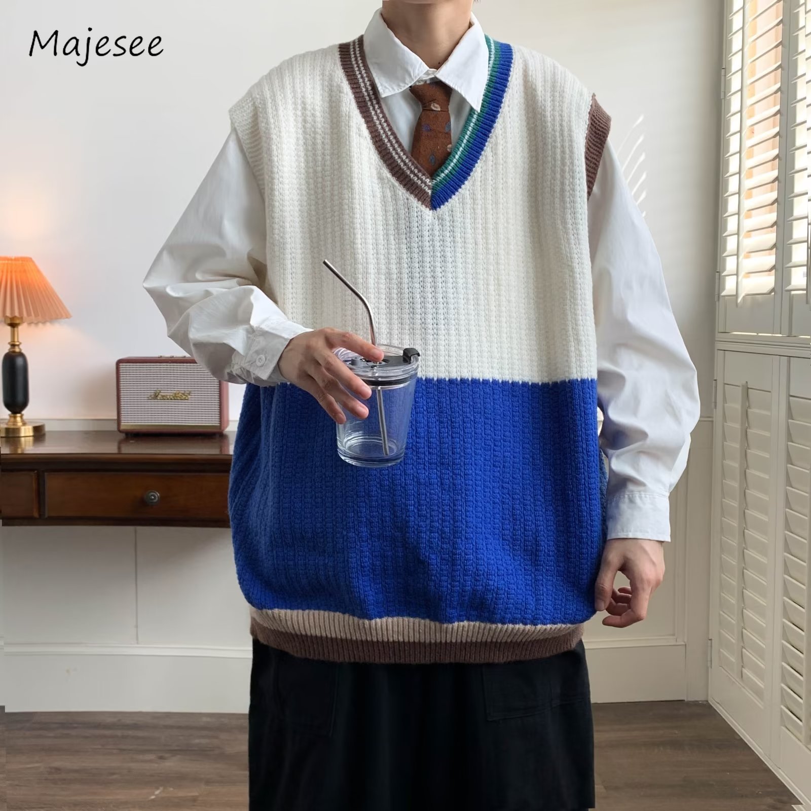 Description Picture 5 of itemPanelled Vests Men Japanese Preppy Style Streetwear Harajuku Asymmetric Solid Retro V-neck Baggy Popular Advanced Hipster Cozy