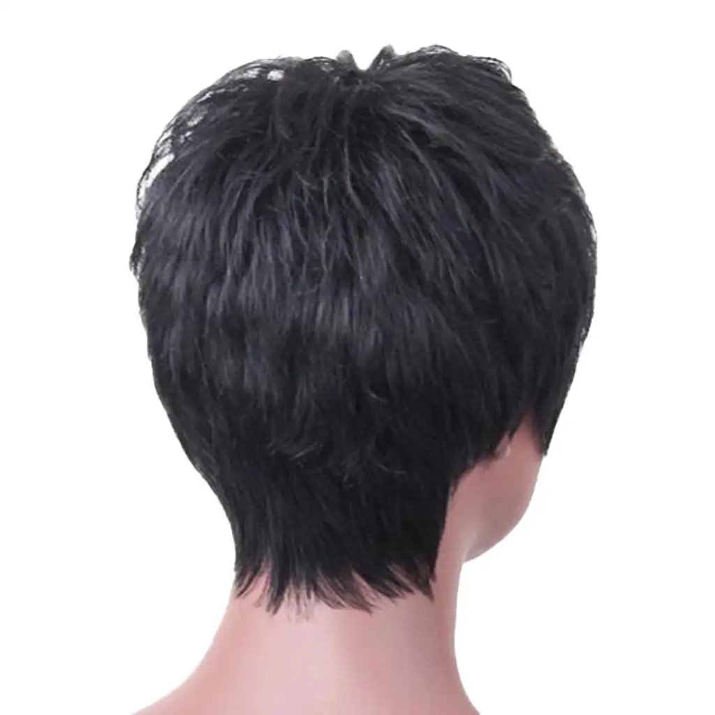 7 Inches Natural Looking Short Wigs for Women, Real Hair Mixed Heat Resistant Synthetic Fiber Curly Wig,Black Pixie Cut Wigs
