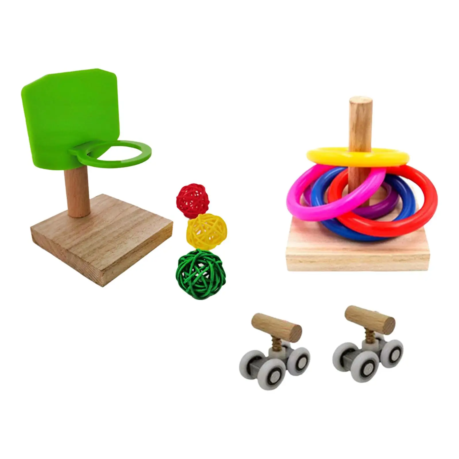 Parrot Toys Set of 3 Types Stacking Rings Parrot Intelligence Toy Roller Skates Perch Tearing Toy for Budgie Finches Conures