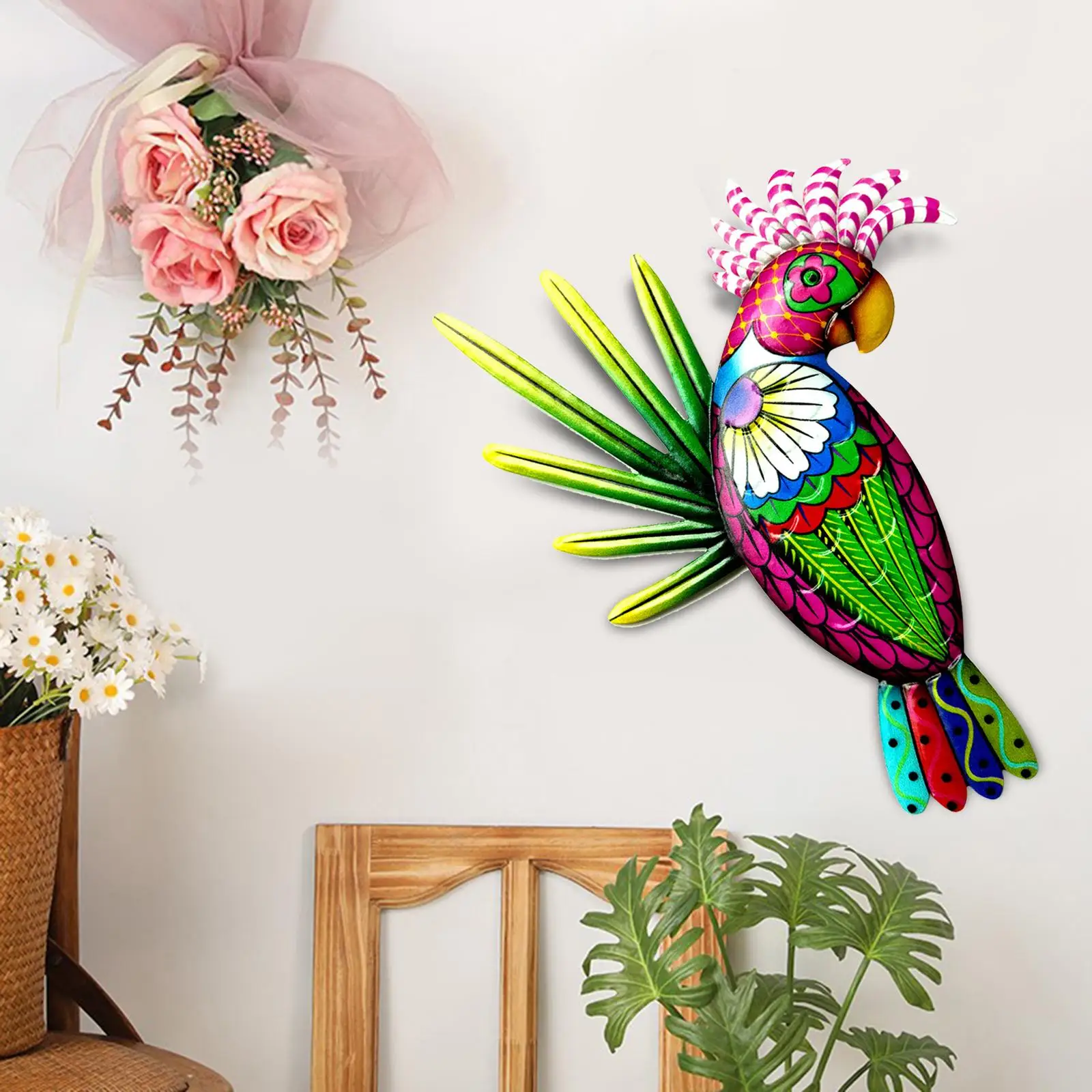 Metal Parrot Wall Art Decor Colorful Birds for Fence Kitchen Decoration
