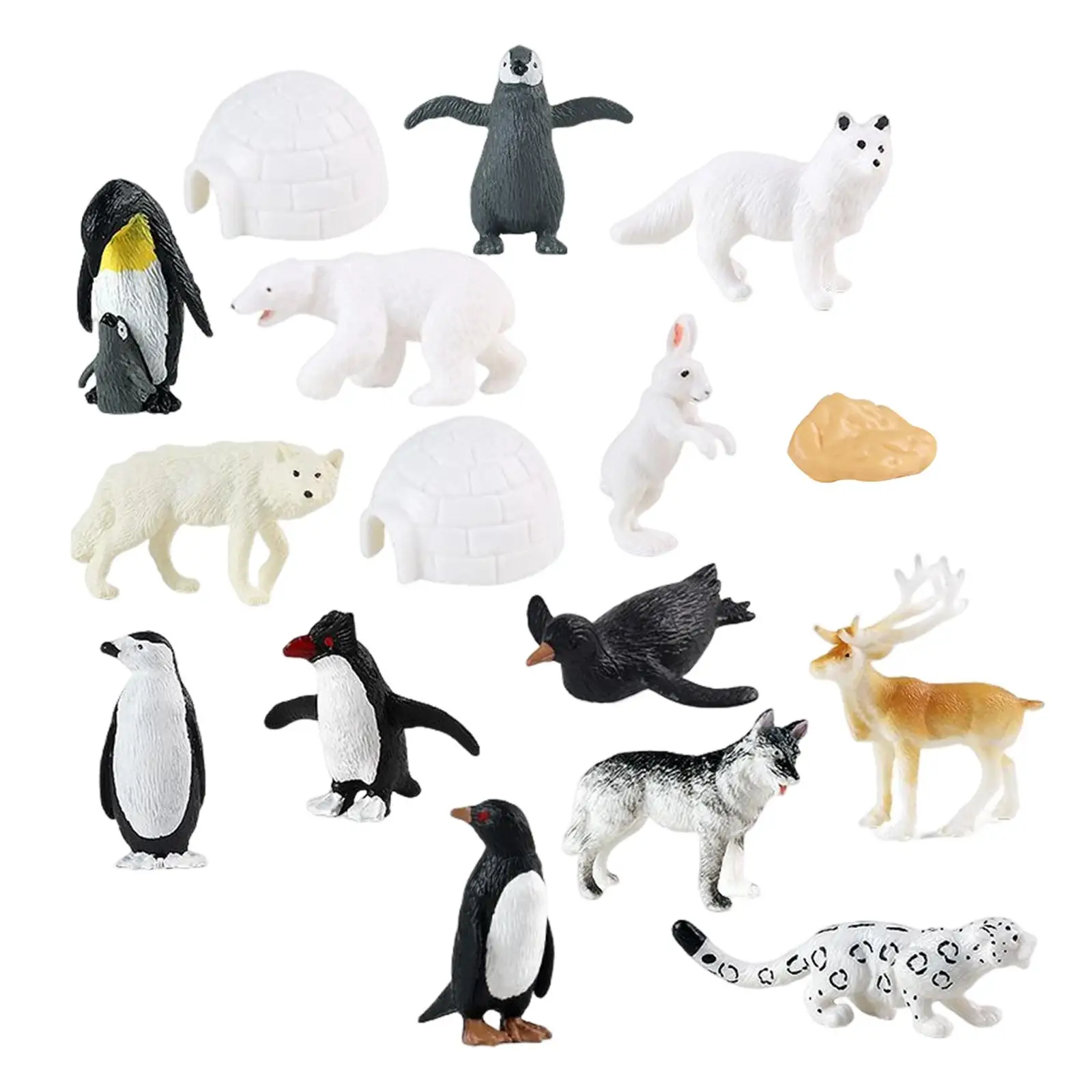 16Pcs Realistic Arctic Animals Includes Arctic Reindeer, Penguins, Polar Bear, Arctic Fox, Igloo Figure Toy for Birthday Gift