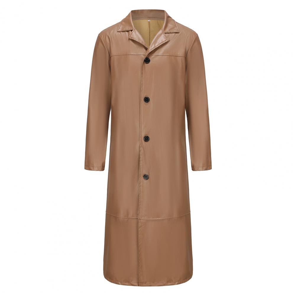 Description Picture 3 of itemMen Slim Fit Coat Stylish Men's Faux Leather Trench Coat Windproof Streetwear with Turn-down Collar Slim Fit Long Sleeve Design