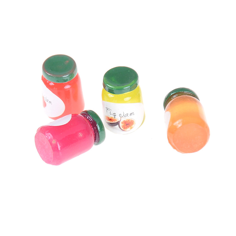 4Pcs 1:12 Dollhouse Miniatures Jams Bottles Model Kicthen Food Accessories For Doll House Decor Kids Pretend Play Toys Gift