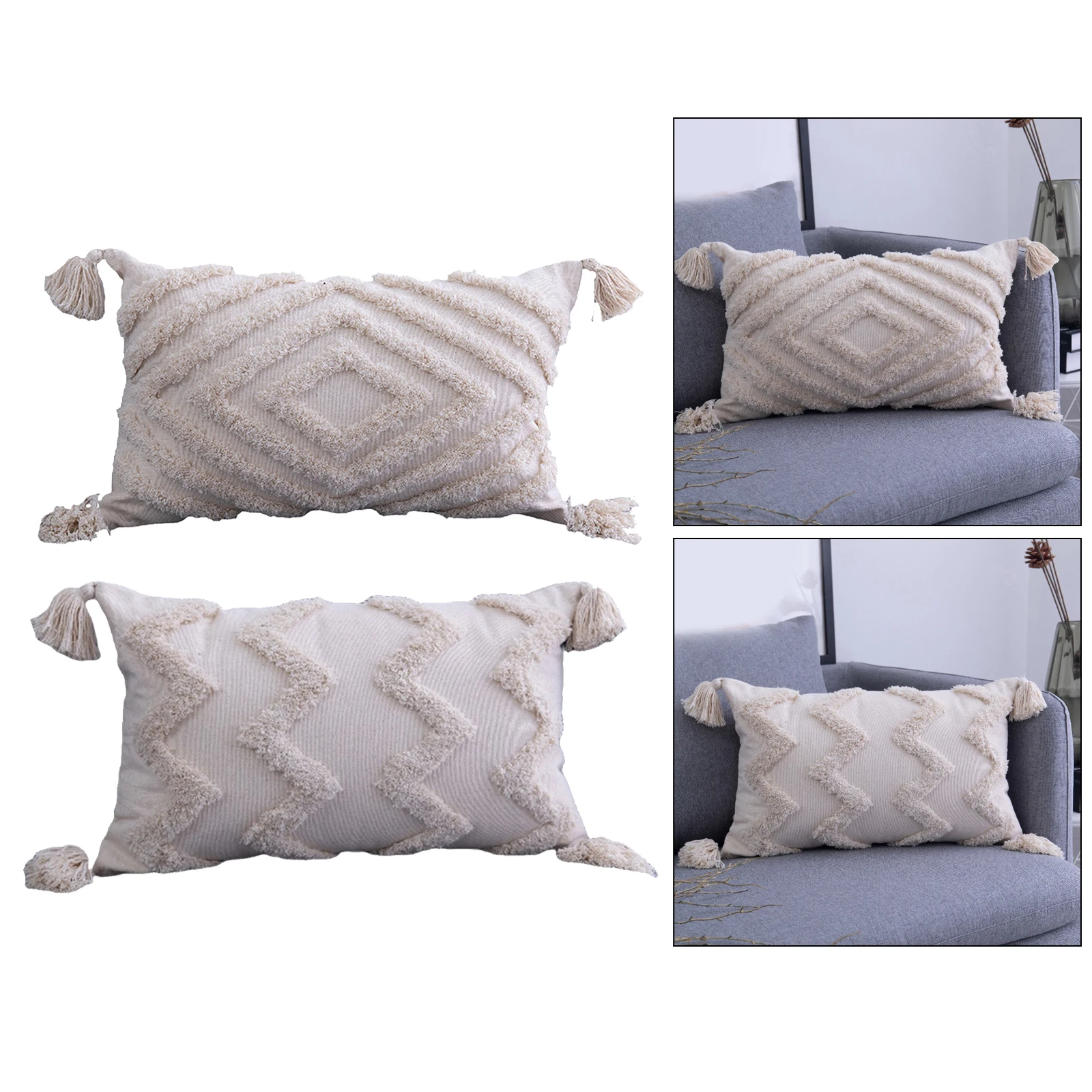 2x Throw  Covers Sqaure Fringe Woven Tufted Pillowcases for Sofa for