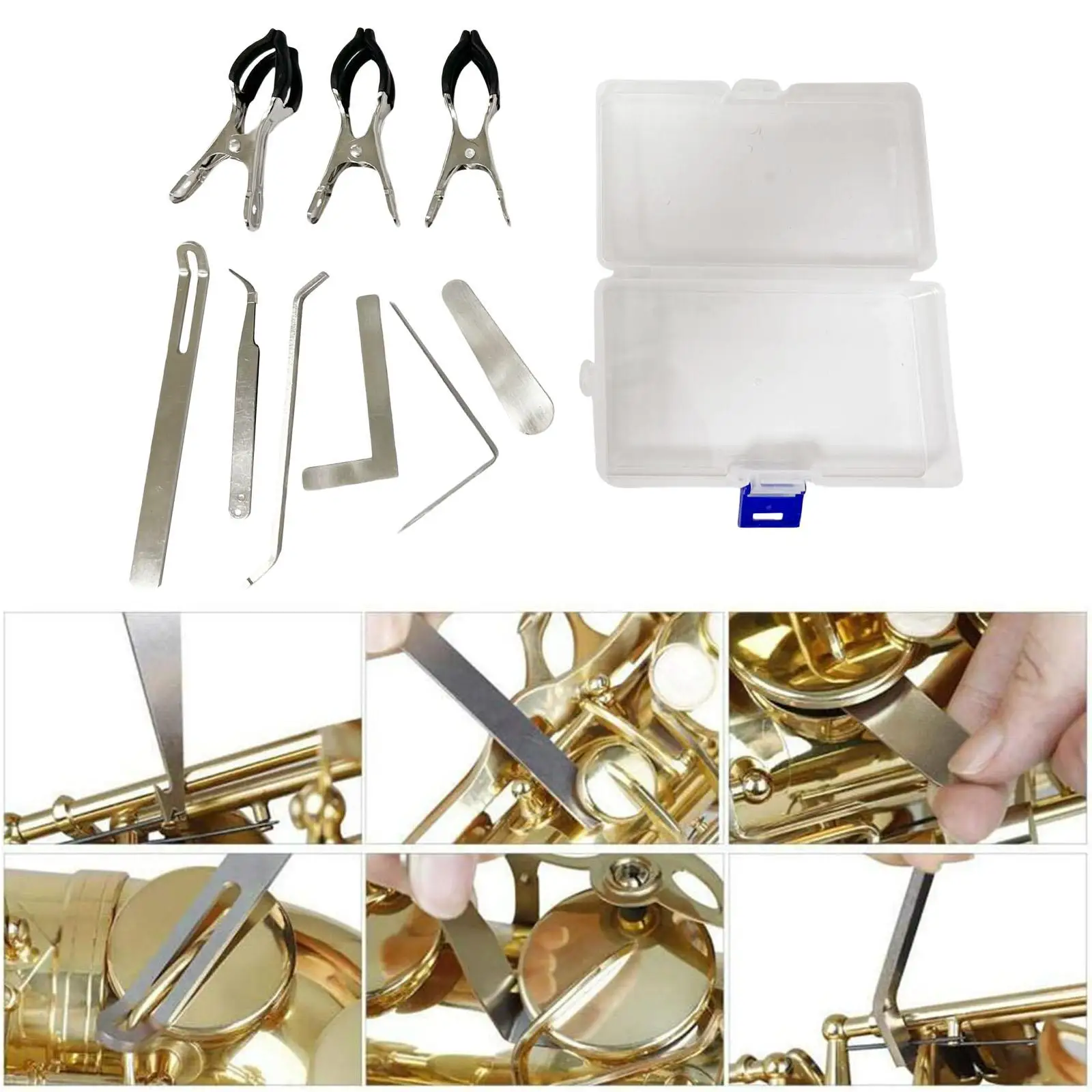 9x Stainless Steel Saxophone Repair Tool with Storage Box Key Cover Adjusting Spring Hook Trimming Tool Set for Sax Clarinet