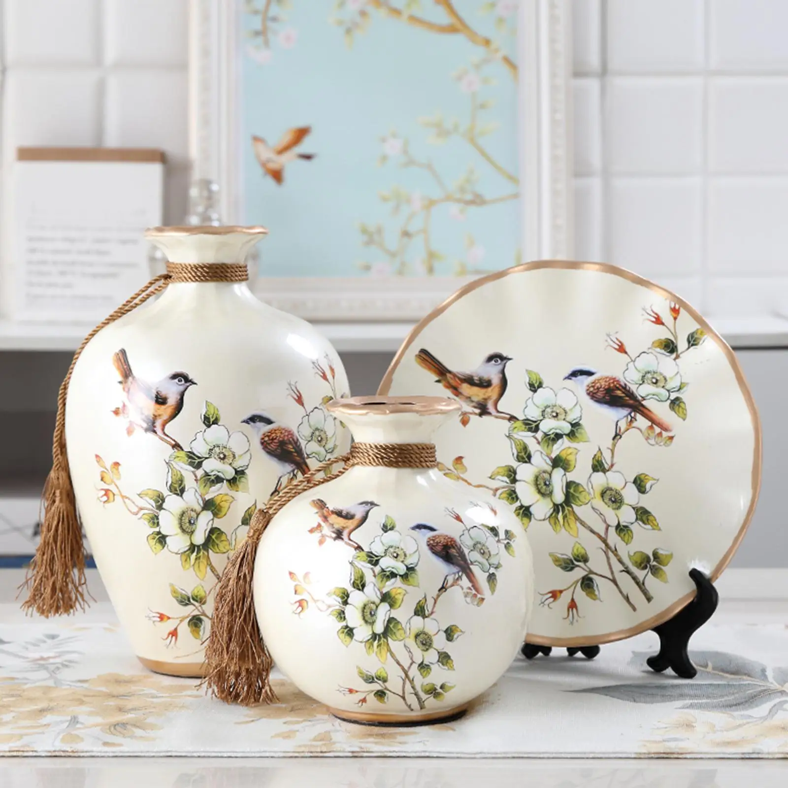 3x Ceramic Vases Bird Pattern Ornaments Flower Vase for Farmhouse Mantel