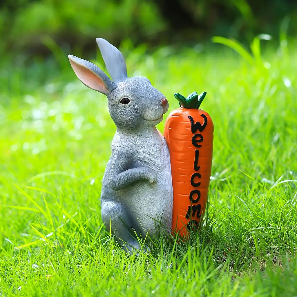 Cute Bunny Statue, Grey Natural W/ Carrot Animal Resin Easter Easter Bunny Decoration, Sculpture Decor for Home Garden Outdoor
