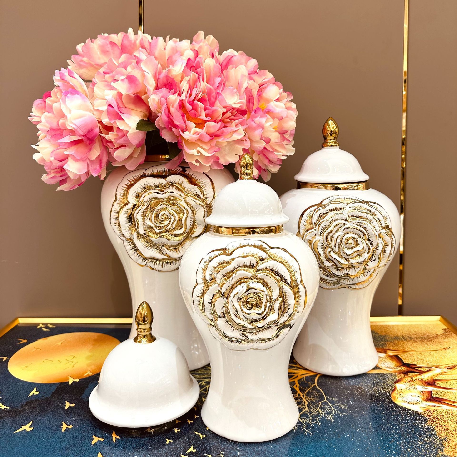 Gold Rose Relief General Can Ginger Jar Porcelain Storage Tank Flower Vase Desktop Storage Organization Home Decoration