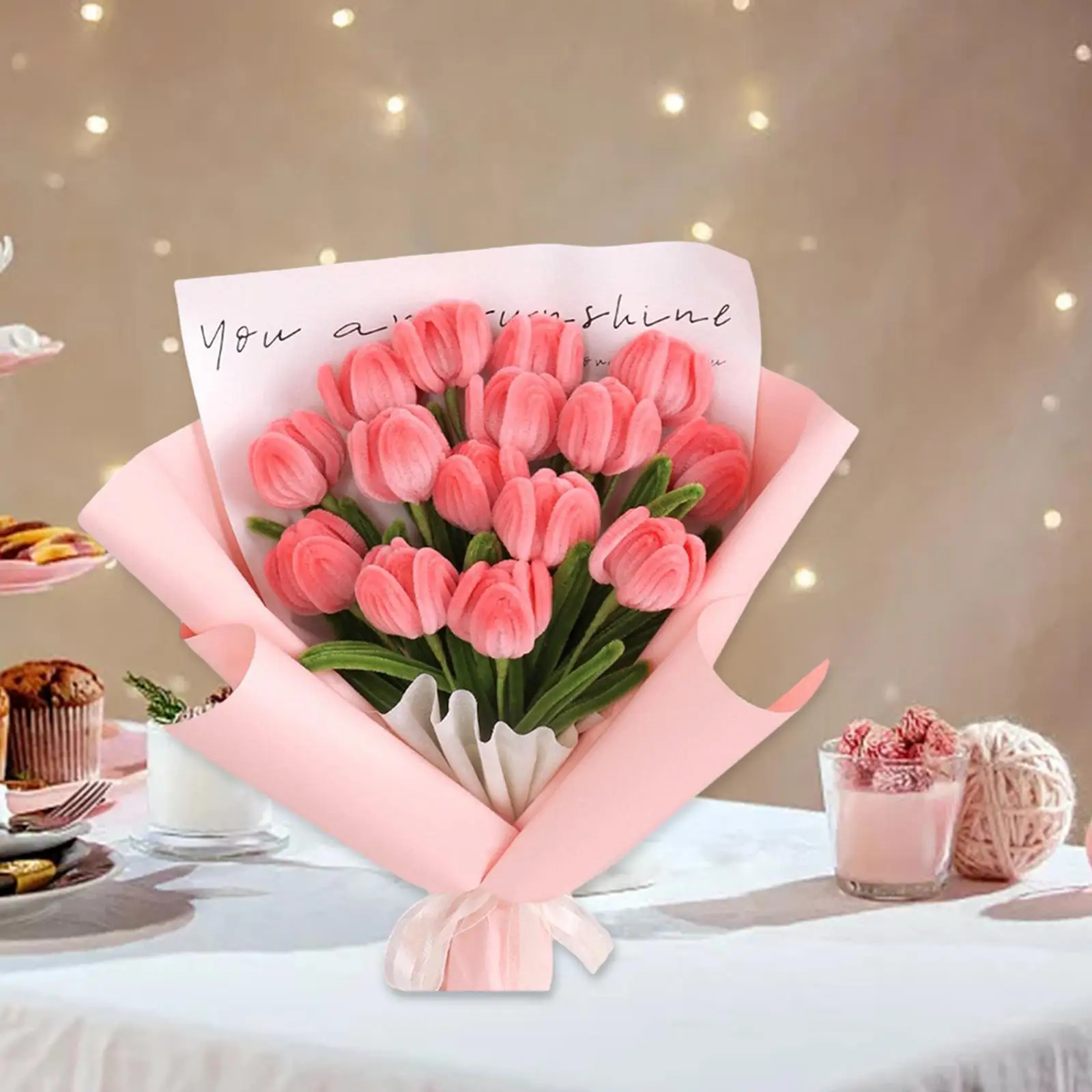 DIY Plush Simulation Flowers Tulip Bouquet Handmade Flowers Exquisite Multifunctional Floral Arrangement for Wedding Decoration