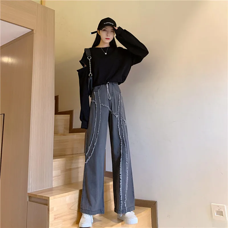 mom jeans DD1417  New high-waisted slimming design niche frayed fashion wide-leg jeans good american jeans