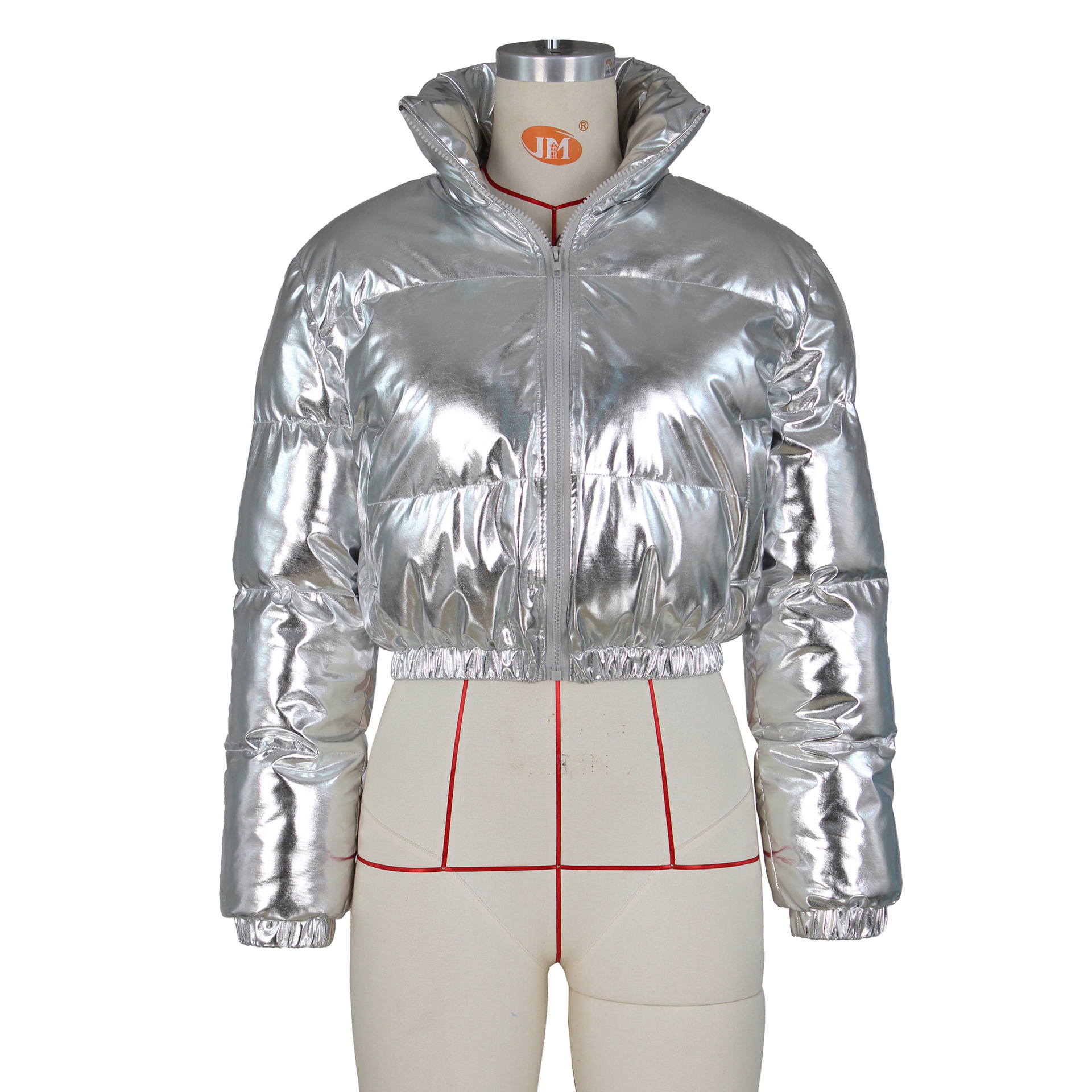 ANJAMANOR Silver Glossy Puffer Jacket Zip Up Shiny Bubble Coat Streetwear Women Clothing Winter Baddie Clothes D48-FH59