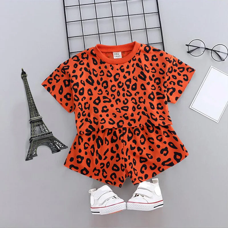 twin clothing sets	 2022 Summer  Casual Children's Sets Leopard Print Round Neck Short Sleeve T-Shirt Elastic Waist Shorts Two Piece Suit Clothing Sets classic