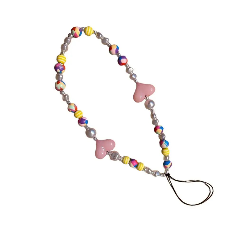 Heart Shape Beaded Phone Charms, Heart Clay Beads Anti-Lost Lanyard Decor for Women Girls Drop Resistance Cell Phone String