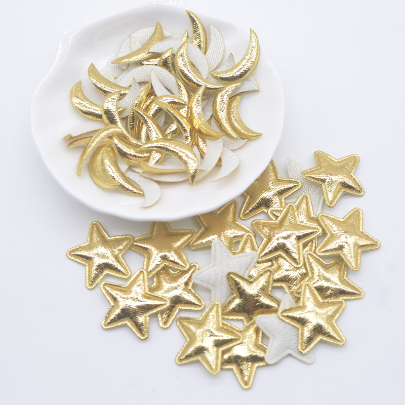 100 Stück 20 mm gepolsterte goldfarbene Tuch-Stern-Mond-Applikationen für DIY-Handwerk, Kleidung, Haarnadel, Hochzeitsdekoration, Patches, Zubehör – Detail 1