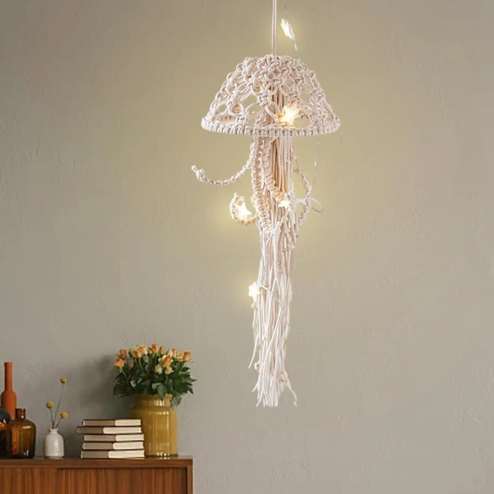 Nordic Jellyfish Wall Hanging Decor with Light String Wall Hanging Boho Tassels for Wedding Living Room Home Party Ornaments