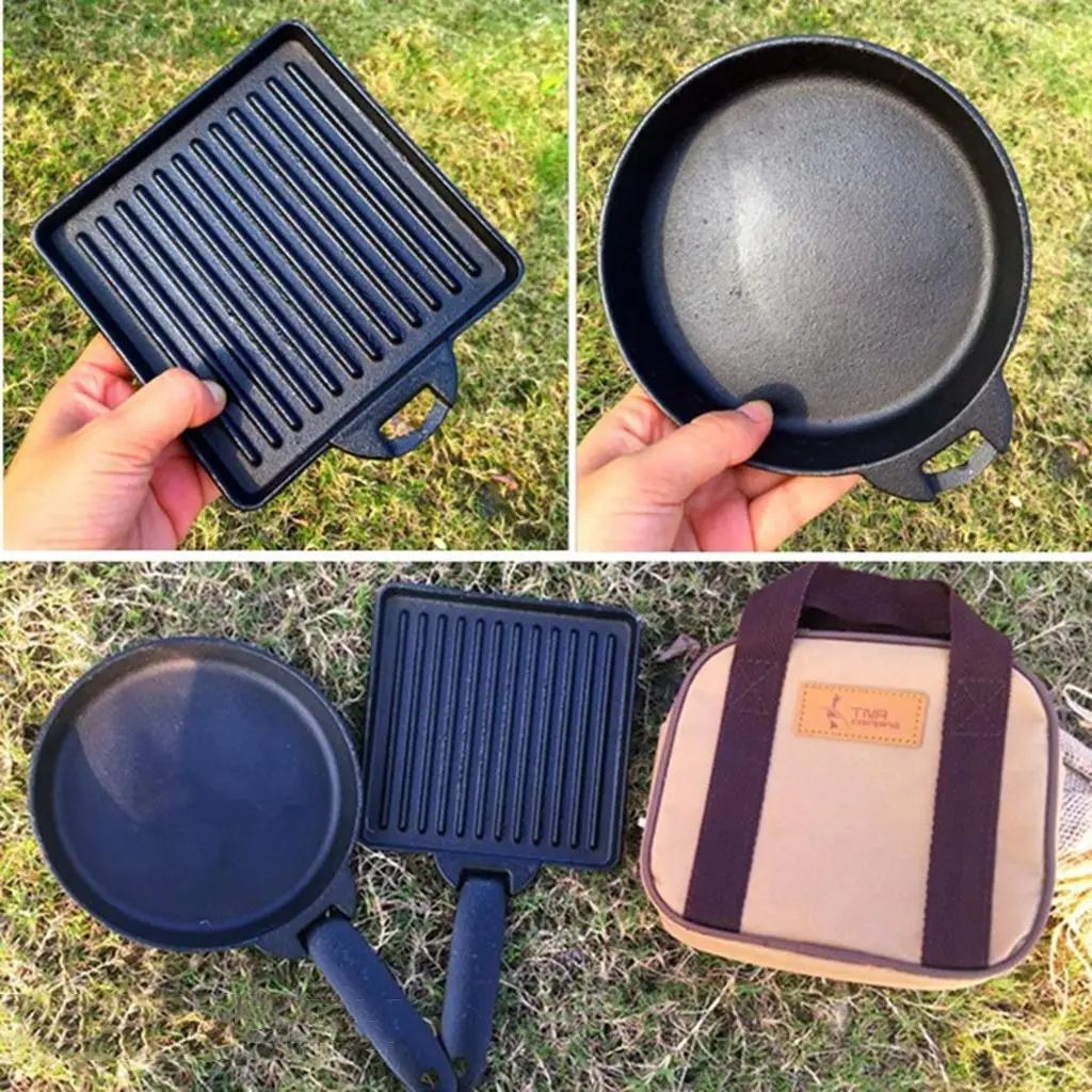 2pcs Square & Round Cast  Skillet/ Fry Pan + Bag Camping Outdoor