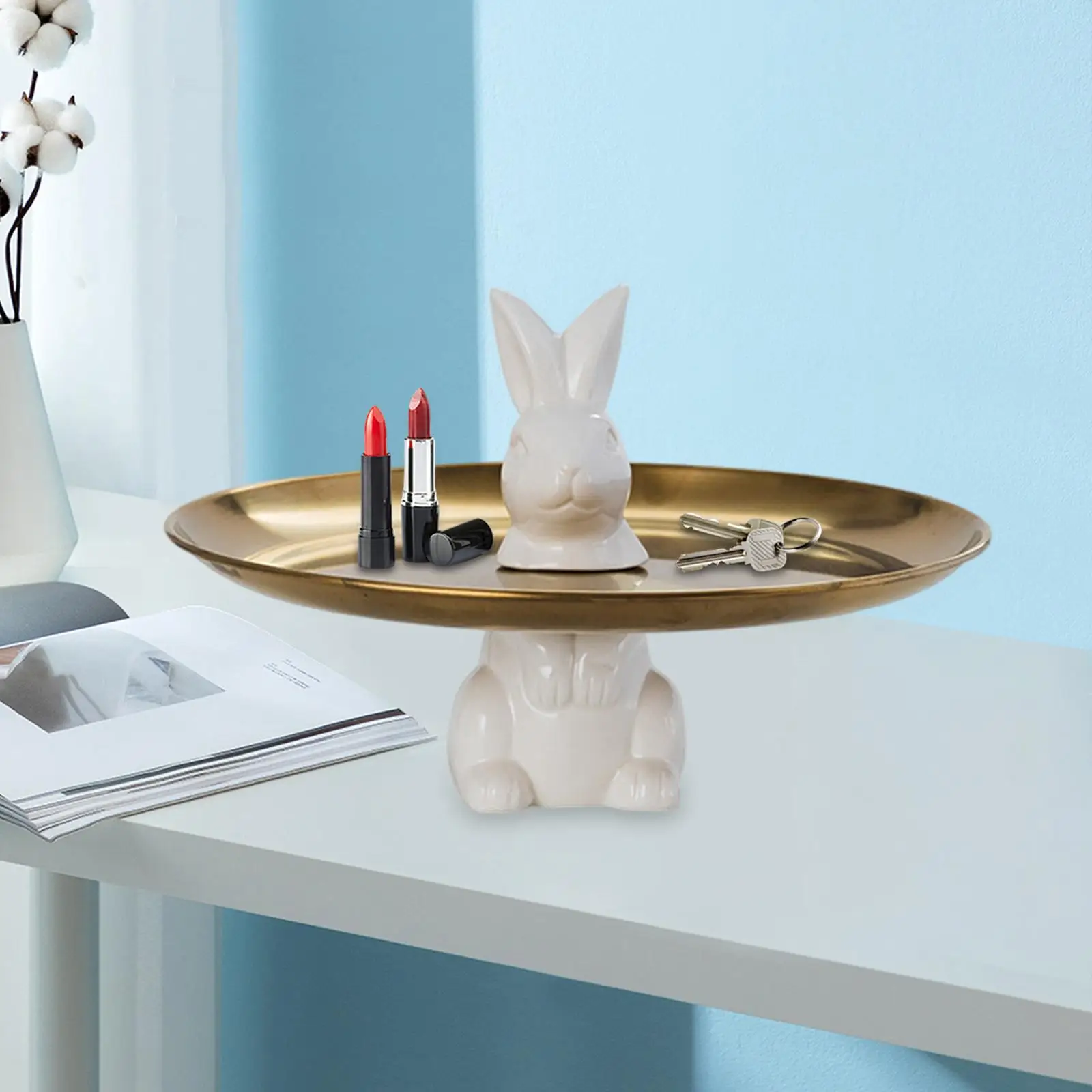 Rabbit Tray Metal Round Golden Modern Decorative Bunny Animal Holder Stand Plate for Food Server Cupcake Jewelry Cookies Home