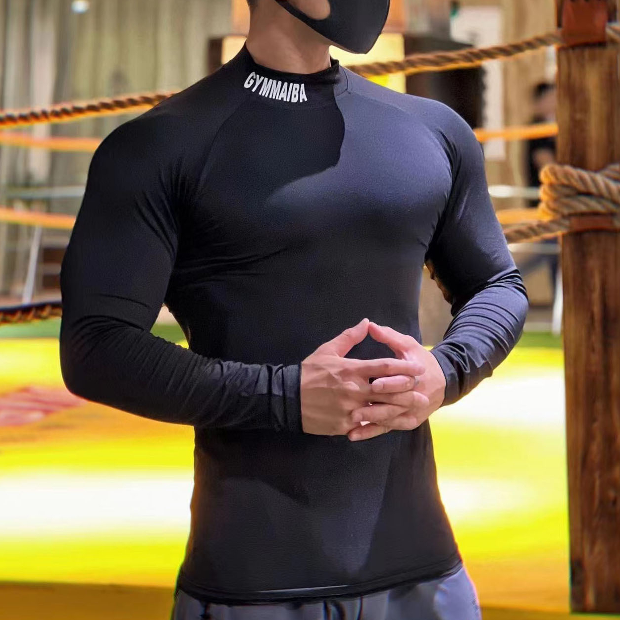 Männer Rollkragen Langarm Shirts Slim Fit Bodybuilding T-shirt Patchwork für Männer Woukout Fitness Training Hemd – Detail 6
