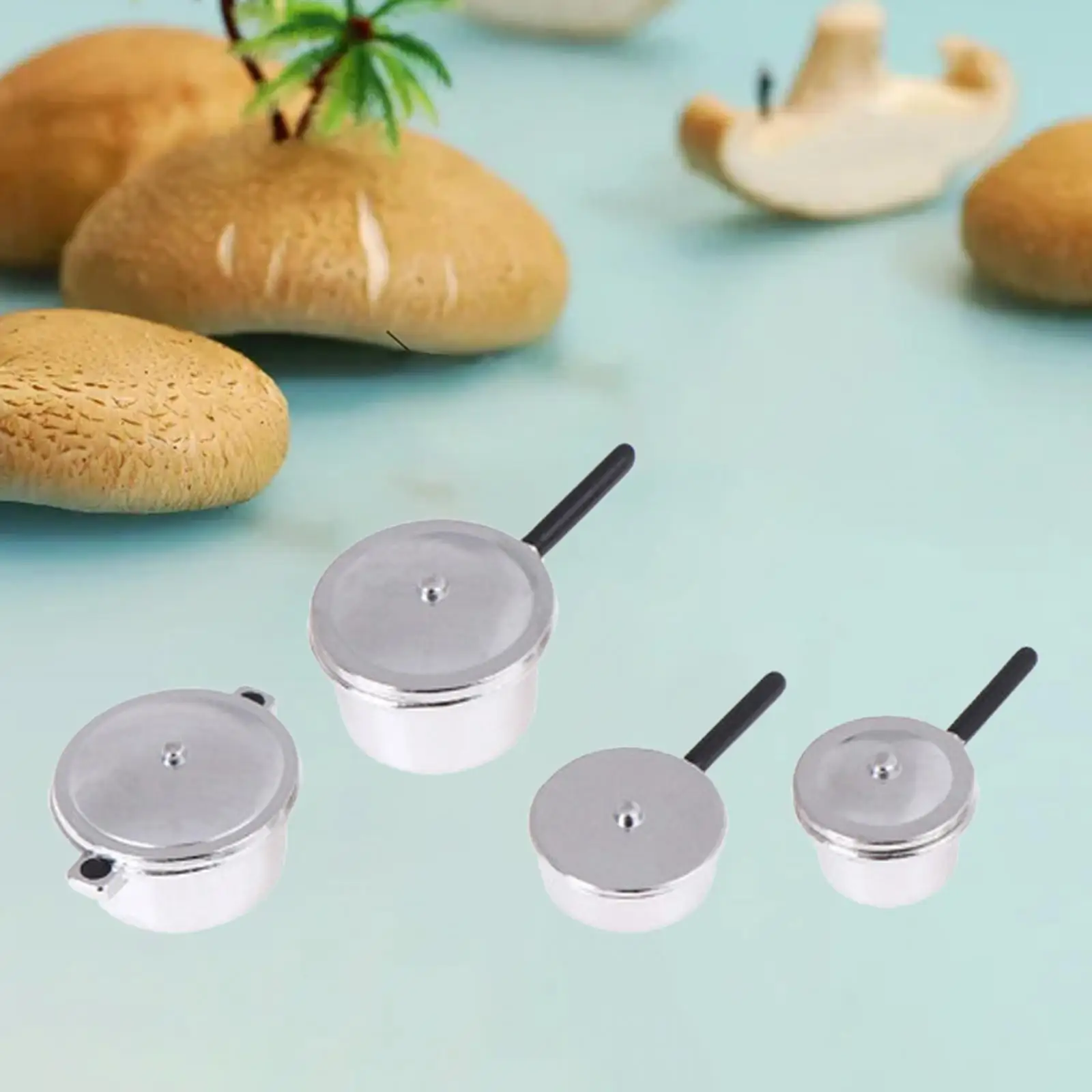 4Pcs 1:12 Dollhouse Pots and Pans Mini Cooking Pan with Lids for Building Micro Landscape DIY Scenery Architectural Accessories