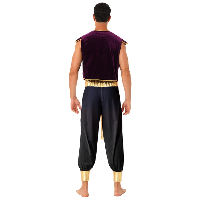 Disfraz mítico de Príncipe Aladin para hombre, traje de fiesta con  lentejuelas de Cosplay, chaleco con cinturón y pantalones - AliExpress