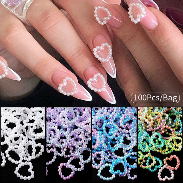 100-160pcs/Bag Hollow Heart Pearl Nail Art Charms White Pink