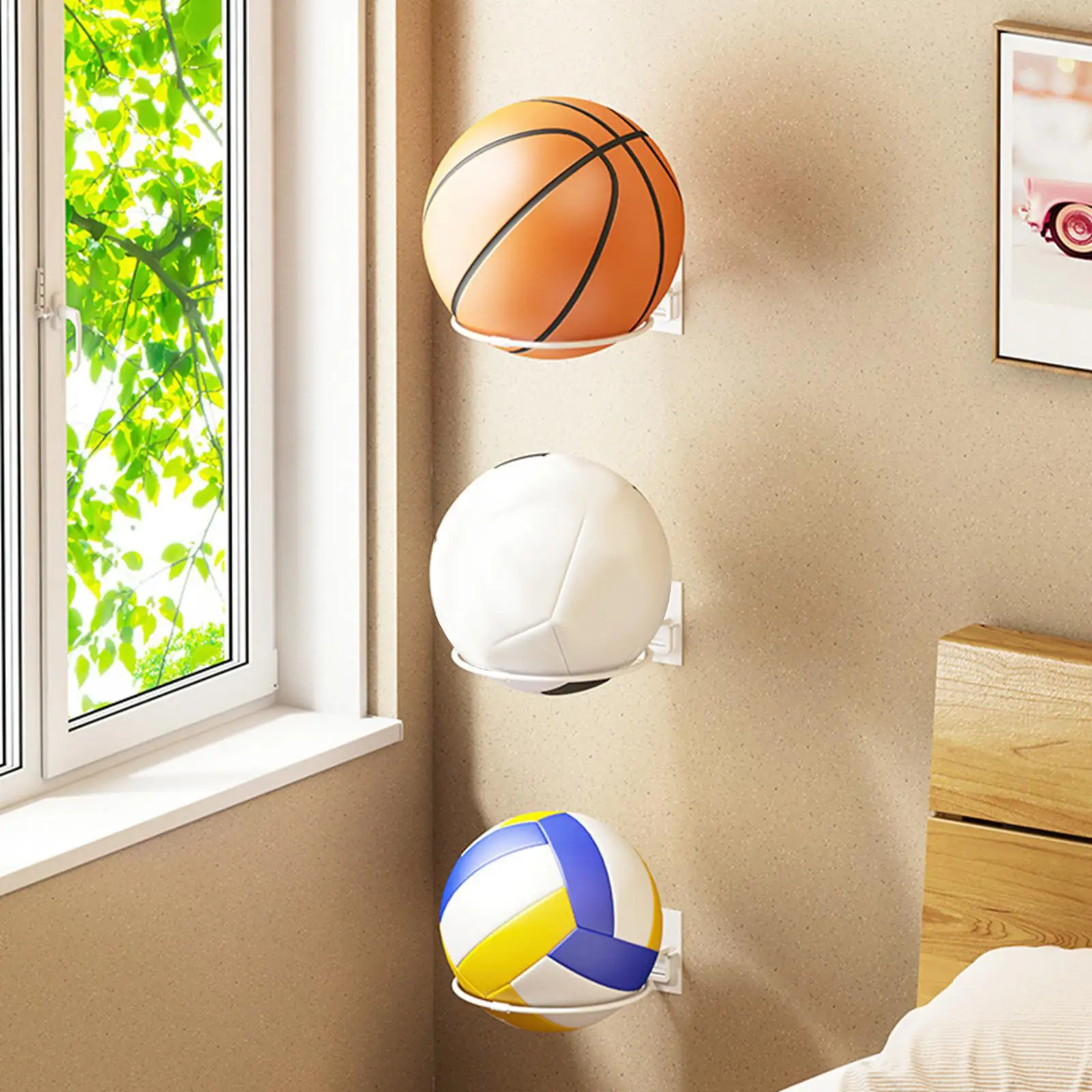 Multifunctional Sports Ball Storage Holder Rack Punch Free Basketball Wall Mount Shelf Bracket Display